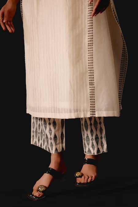 Shop_Devnaagri_Ivory Silk, Chanderi Split V-neck Kaftan Set _Online_at_Aza_Fashions