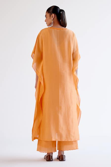 Devnaagri Embroidered Orange Silk Chanderi Kaftan Set 