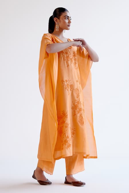 Devnaagri_Orange Silk, Chanderi Embroidery V-neck Kaftan Set _Online_at_Aza_Fashions