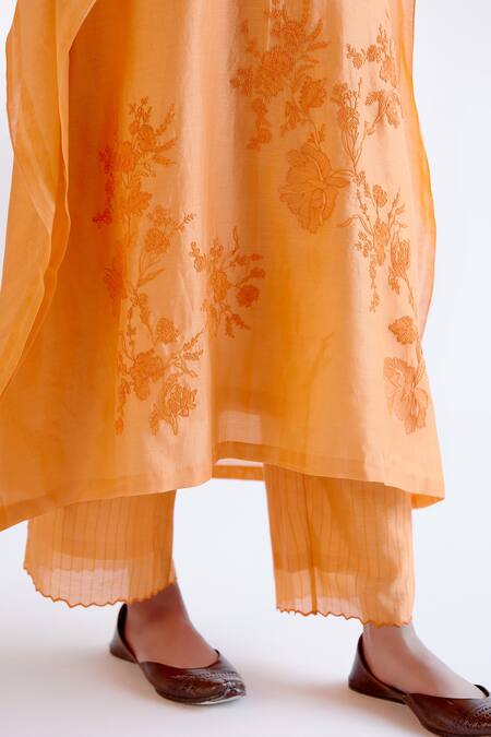 Buy_Devnaagri_Orange Silk, Chanderi Embroidery V-neck Kaftan Set _Online_at_Aza_Fashions