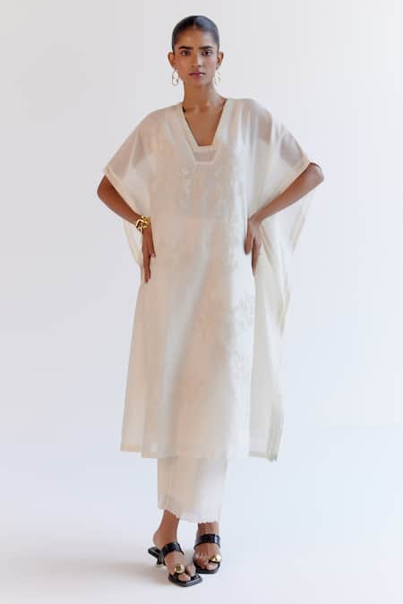 Devnaagri Ivory Silk, Chanderi Embroidery V-neck Kaftan Set 