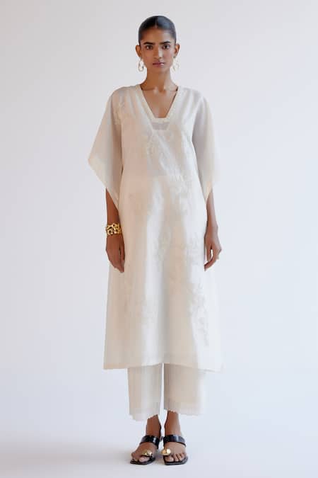Devnaagri_Ivory Silk, Chanderi Embroidery V-neck Kaftan Set _Online_at_Aza_Fashions