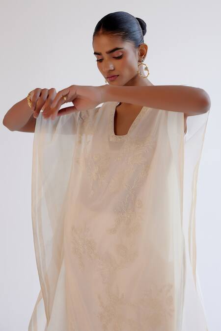 Buy_Devnaagri_Ivory Silk, Chanderi Embroidery V-neck Kaftan Set _Online_at_Aza_Fashions