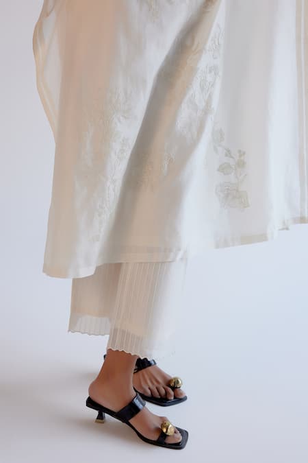 Shop_Devnaagri_Ivory Silk, Chanderi Embroidery V-neck Kaftan Set _Online_at_Aza_Fashions