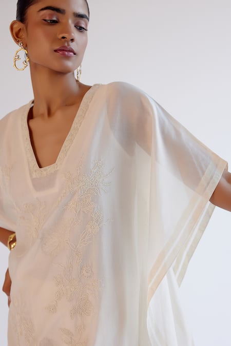 Devnaagri_Ivory Silk, Chanderi Embroidery V-neck Kaftan Set _at_Aza_Fashions
