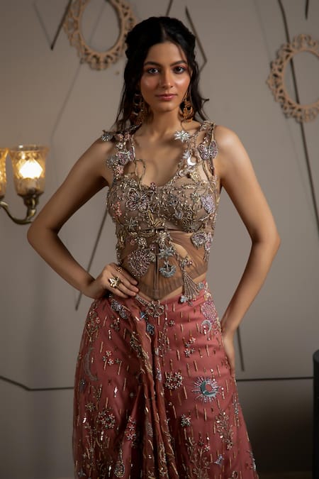 Moledro_Taupe Net, Modal, Satin Sequins, Embroidery Round Neck Cyra Co-ord Set _Online_at_Aza_Fashions