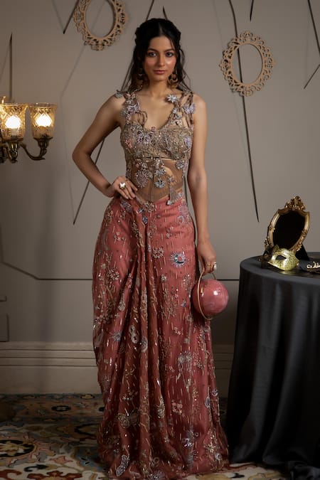 Buy_Moledro_Taupe Net, Modal, Satin Sequins, Embroidery Round Neck Cyra Co-ord Set _Online_at_Aza_Fashions