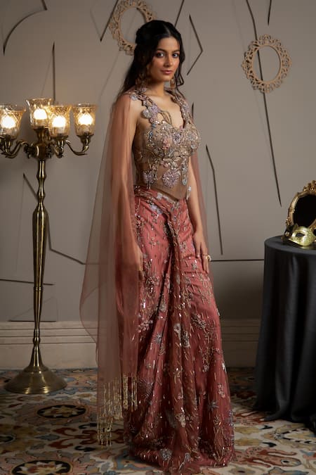 Shop_Moledro_Taupe Net, Modal, Satin Sequins, Embroidery Round Neck Cyra Co-ord Set _Online_at_Aza_Fashions