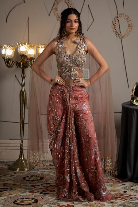 Moledro Taupe Net, Modal, Satin Sequins, Embroidery Round Neck Cyra Co-ord Set 
