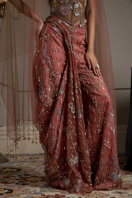 Buy_Moledro_Taupe Net, Modal, Satin Sequins, Embroidery Round Neck Cyra Co-ord Set 