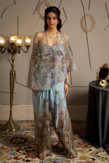 Moledro_Blue Net, Modal, Satin Embroidery, Sequins Halter Neck Ashya Co-ord Set  _at_Aza_Fashions