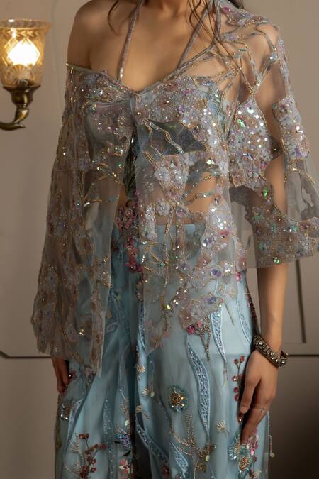 Buy_Moledro_Blue Net, Modal, Satin Embroidery, Sequins Halter Neck Ashya Co-ord Set  