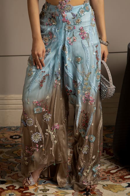 Shop_Moledro_Blue Net, Modal, Satin Embroidery, Sequins Halter Neck Ashya Co-ord Set  