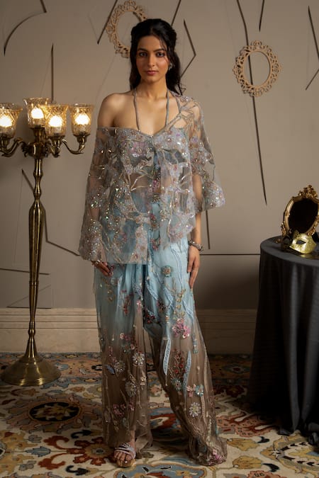 Moledro Blue Net, Modal, Satin Embroidery, Sequins Halter Neck Ashya Co-ord Set  