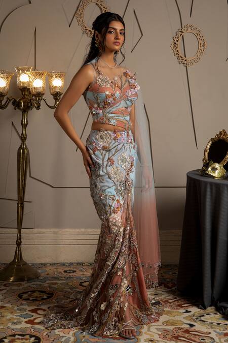 Moledro_Blue Net, Georgette Sequins, Embroidery Round Neck Rhea Pre-draped Saree Set _Online_at_Aza_Fashions