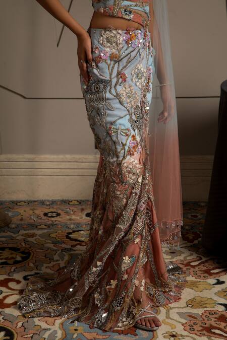 Buy_Moledro_Blue Net, Georgette Sequins, Embroidery Round Neck Rhea Pre-draped Saree Set _Online_at_Aza_Fashions