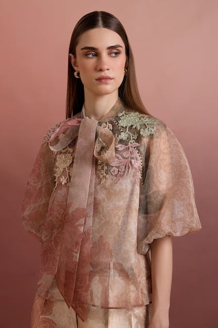 Pankaj & Nidhi_Multi Color Polyester, Satin, Organza Embroidery Tie-up Top And Pleated Shorts _Online_at_Aza_Fashions