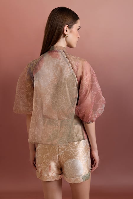 Pankaj & Nidhi Multi Color Tie-Up Top & Pleated Shorts 