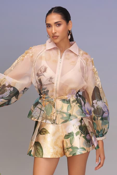 Pankaj & Nidhi_Gold Organza, Satin Embroidery Collared Embellished Jacket And Pleated Mini Skorts _Online_at_Aza_Fashions