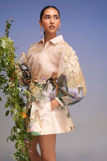 Buy_Pankaj & Nidhi_Gold Organza, Satin Embroidery Collared Embellished Jacket And Pleated Mini Skorts _Online_at_Aza_Fashions