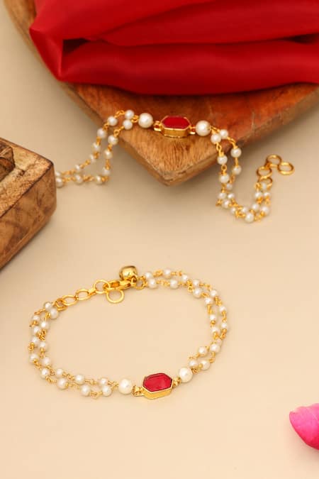 Ruby Raang_Maroon Pearls, Stones Gold Plated Polki Anklets _at_Aza_Fashions