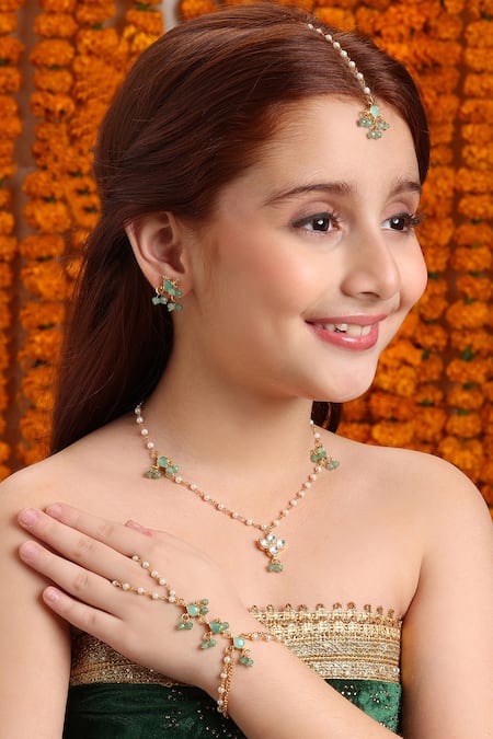 Ruby Raang Green Beads, Pearls Gold Plated Jewellery Set 