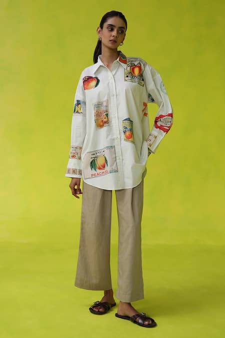 ROZA White Poplin, Linen Collared California Peaches Oversized Shirt And Pants 