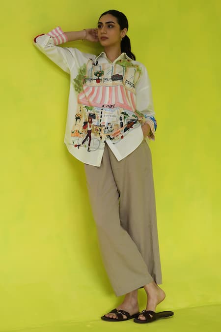 Buy_Roza_Ivory Poplin Collared Espresso Run Oversized Shirt 