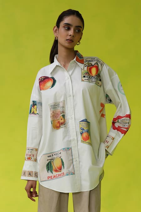 ROZA Ivory Poplin Collared California Peaches Oversized Shirt 