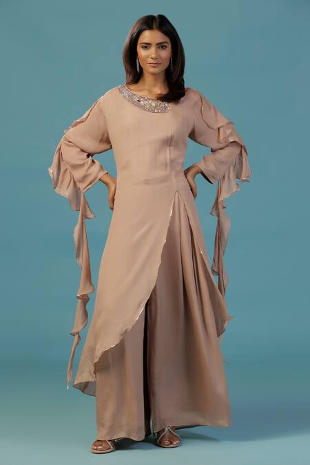 Two Sisters By Gyans_Gold Chinon Beads, Sequins Round Neck Designer Kurta Set _Online_at_Aza_Fashions