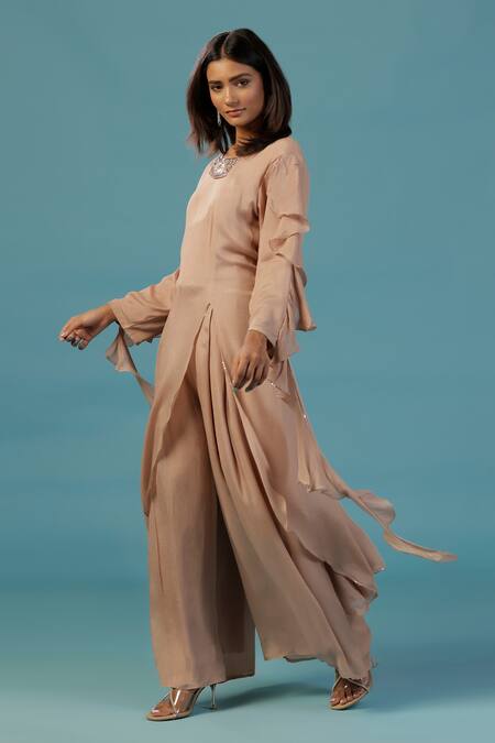 Buy_Two Sisters By Gyans_Gold Chinon Beads, Sequins Round Neck Designer Kurta Set _Online_at_Aza_Fashions