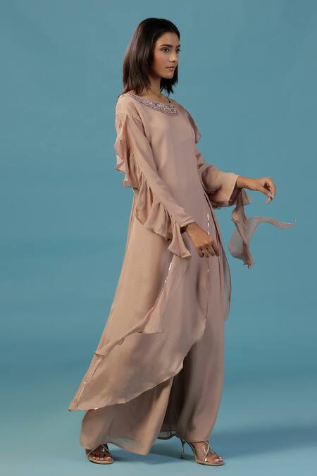 Shop_Two Sisters By Gyans_Gold Chinon Beads, Sequins Round Neck Designer Kurta Set _Online_at_Aza_Fashions