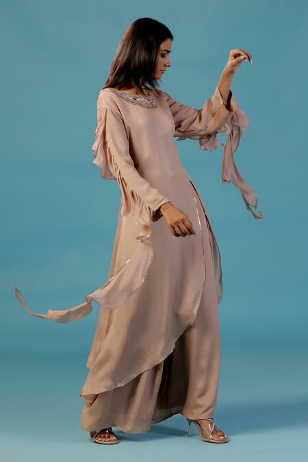 Two Sisters By Gyans_Gold Chinon Beads, Sequins Round Neck Designer Kurta Set _at_Aza_Fashions