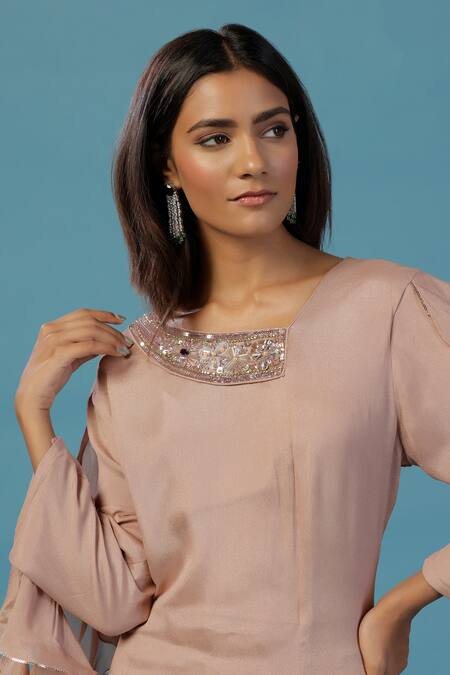 Buy_Two Sisters By Gyans_Gold Chinon Beads, Sequins Round Neck Designer Kurta Set 