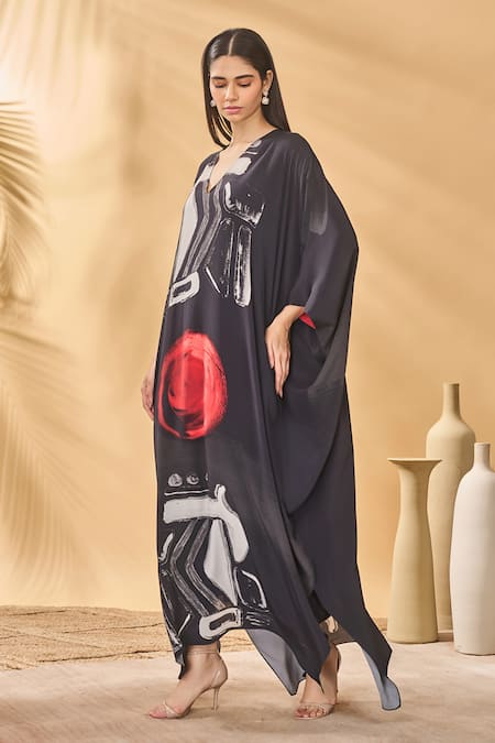 Masaba_Black Crepe V-neck Dark Noise Silk Kaftan _Online_at_Aza_Fashions