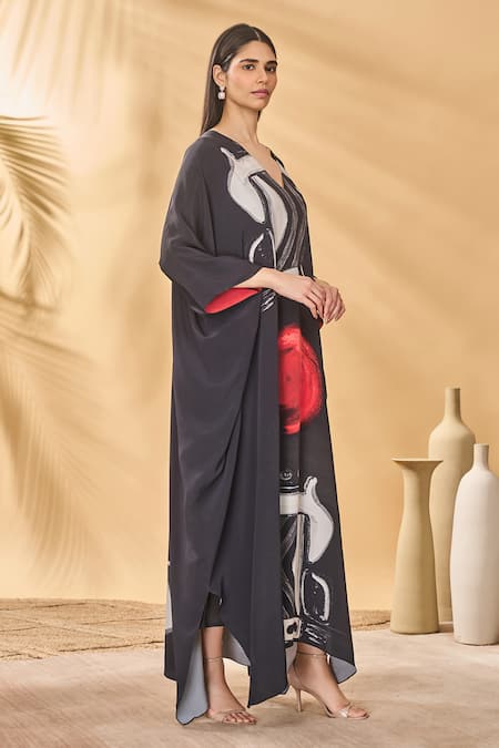 Buy_Masaba_Black Crepe V-neck Dark Noise Silk Kaftan _Online_at_Aza_Fashions