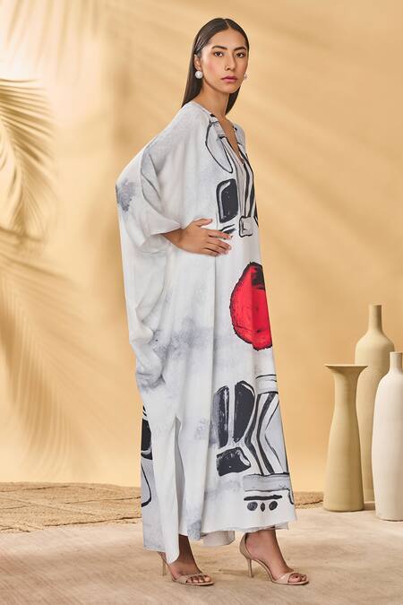 Masaba_White Crepe, Silk V-neck Noise Kaftan _Online_at_Aza_Fashions