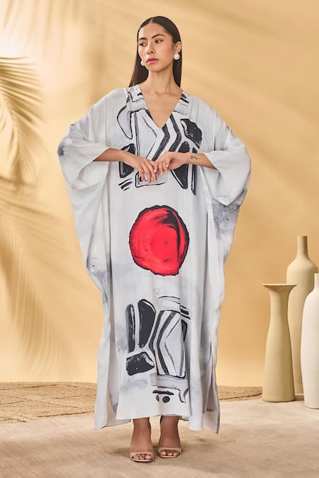 Masaba White Crepe, Silk V-neck Noise Kaftan 