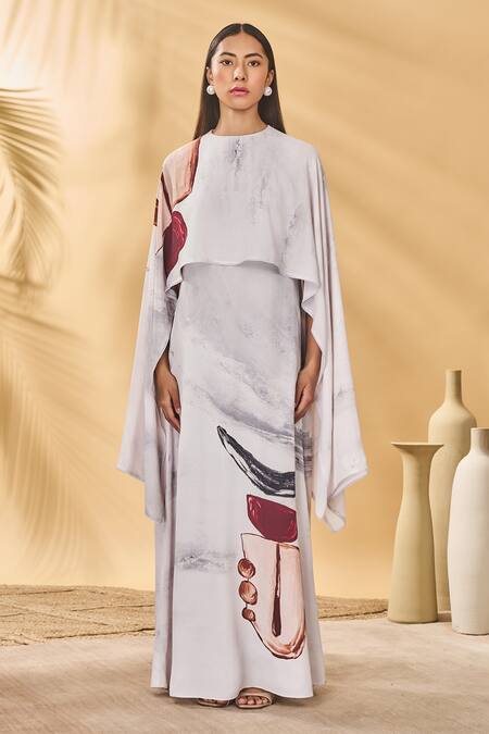 Masaba_White Crepe, Silk Round Neck Moon And Mist Cape Kaftan _Online_at_Aza_Fashions