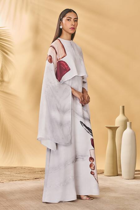Shop_Masaba_White Crepe, Silk Round Neck Moon And Mist Cape Kaftan _Online_at_Aza_Fashions