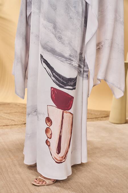 Masaba_White Crepe, Silk Round Neck Moon And Mist Cape Kaftan _at_Aza_Fashions