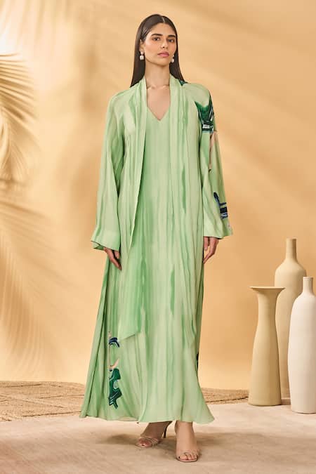 Masaba_Ivory Crepe V-neck Ivy Horizon Reversible Kaftan _Online_at_Aza_Fashions