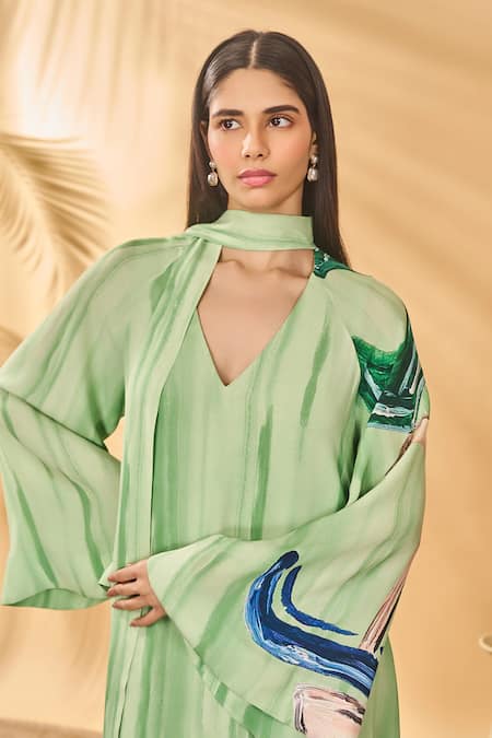 Masaba_Ivory Crepe V-neck Ivy Horizon Reversible Kaftan _at_Aza_Fashions