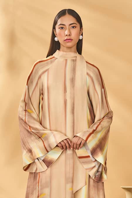 Shop_Masaba_Beige Crepe, Silk V-neck Rustic Strokes Reversible Kaftan _Online_at_Aza_Fashions