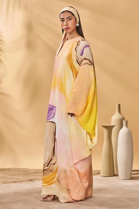 Masaba_Multi Color Crepe, Silk Round Neck Glazing Symphony Asymmetrical Kaftan _Online_at_Aza_Fashions