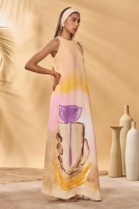 Buy_Masaba_Multi Color Crepe, Silk Round Neck Glazing Symphony Asymmetrical Kaftan _Online_at_Aza_Fashions