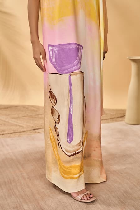 Shop_Masaba_Multi Color Crepe, Silk Round Neck Glazing Symphony Asymmetrical Kaftan _Online_at_Aza_Fashions
