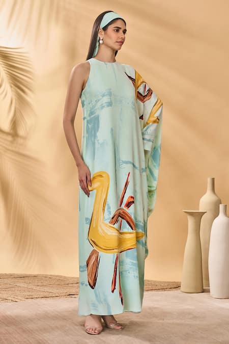 Masaba Blue Crepe, Silk Round Neck Feathered Asymmetrical Kaftan 
