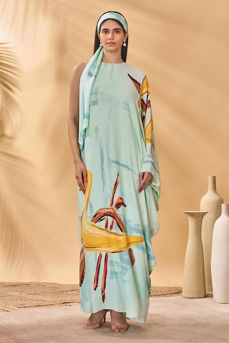 Masaba Blue Crepe, Silk Round Neck Feathered Asymmetrical Kaftan Online at Aza Fashions Masaba_Blue Crepe, Silk Round Neck Feathered Asymmetrical Kaftan _Online_at_Aza_Fashions