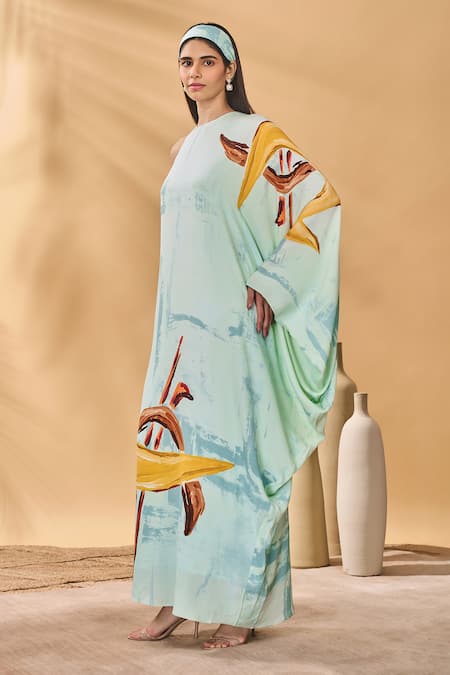Buy Masaba Blue Crepe, Silk Round Neck Feathered Asymmetrical Kaftan Online at Aza Fashions Buy_Masaba_Blue Crepe, Silk Round Neck Feathered Asymmetrical Kaftan _Online_at_Aza_Fashions